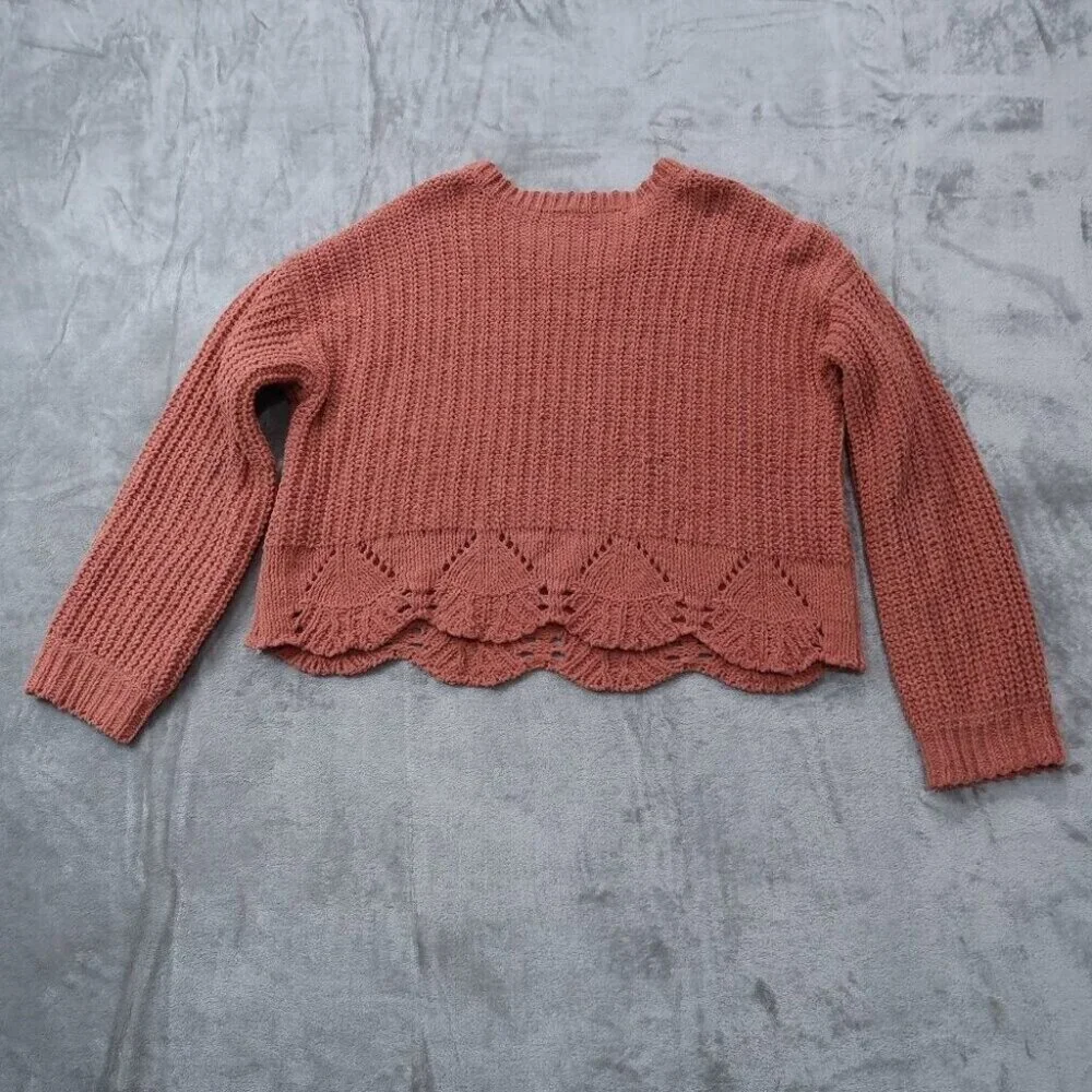 Alya Sweater Womens L Orange Chunky Knit Cropped Crewneck Long Sleeve Pullover - Picture 7 of 15